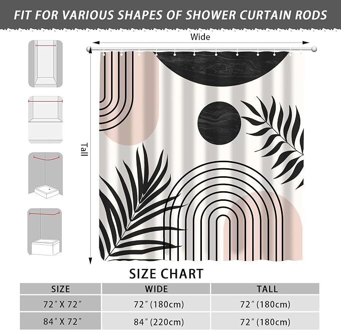 Mid Century Abstract Boho Aesthetic Shower Curtain Set, Green Nature Leaf Sun Modern Minimalist Home Bathroom Curtain Decor with 12 Hooks 72 Inch Wide * 72 Inch High