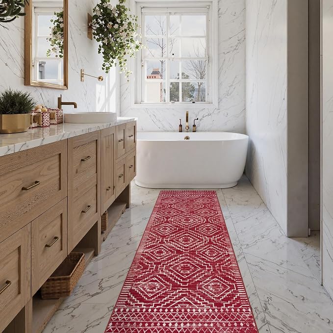Wonnitar Moroccan Washable 2.5x8 Christmas Runner Rug for Hallway, Non-Slip Stain Resistant Kitchen Runners, Farmhouse Floor Carpet Soft Runner for Bathroom Hall Entyway (Red,2'6"x8')