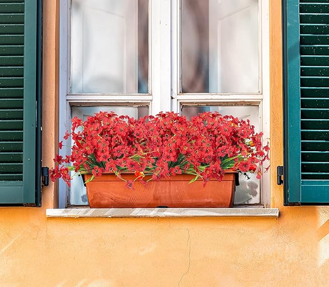 Ouddy Decor 12 Bundles Artificial Flowers for Decorations Fake Silk Plants for Outdoors UV Resistant Faux Plastic Greenery Stems for Garden Porch Window Box Home Spring Decor, Red