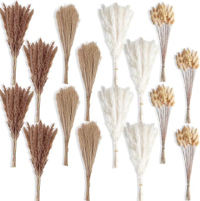400 PCS Small Boho Pampas Grass, 17" Naturally Dried Pompas, Pampas Grass Decor for Wedding , Boho Party Decorations, Table Decor（Brown and White）