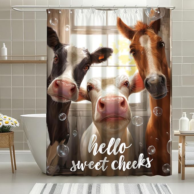 Cute Animals Shower Curtain Funny Farm Cow Horse Shower Curtains for Bathroom Waterproof Fabric Bath Curtain Decor with Hooks