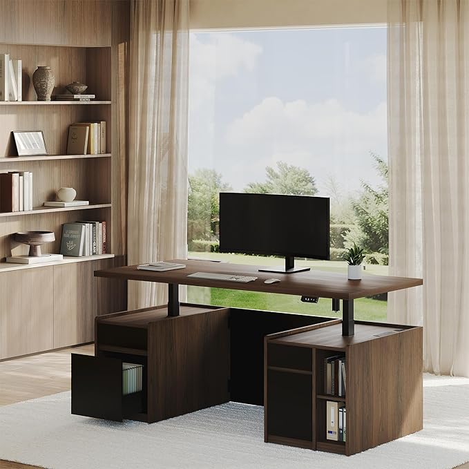 Executive Standing Desk with Drawers & Storage, 71'' Adjustable Electric Stand Up Wood Desk with Privacy Panel, AC/USB, File Cabinet, Large One-Piece Destop for Home Office, Black Walnut