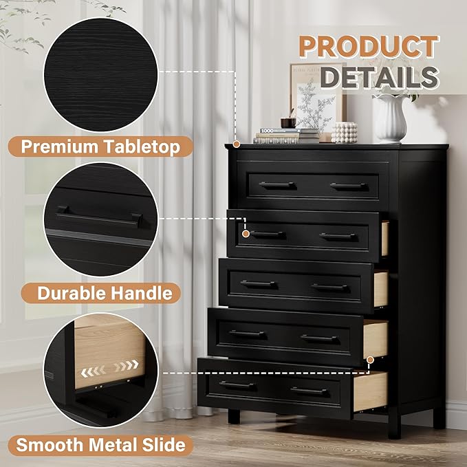 JUMMICO Black Dresser Tall for Bedroom,Wooden 5 Drawer Dresser for Nursery,Chest of Drawers for Bedroom, Closet Storage Organizer for Living Room, Hallway, Closet