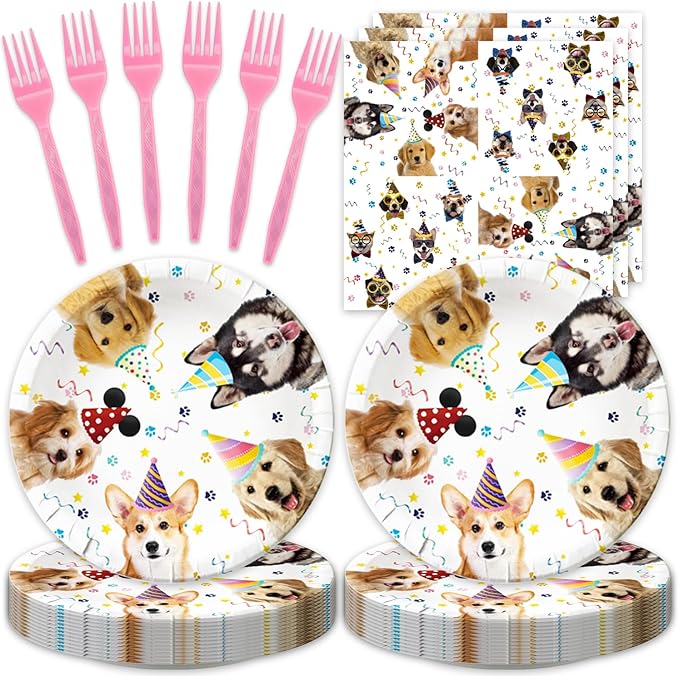48Pcs Cute Dog Birthday Party Decorations Tableware Inculde Plates Napkins Forks for Birthday Pet Party and more party Serve 16 Guests