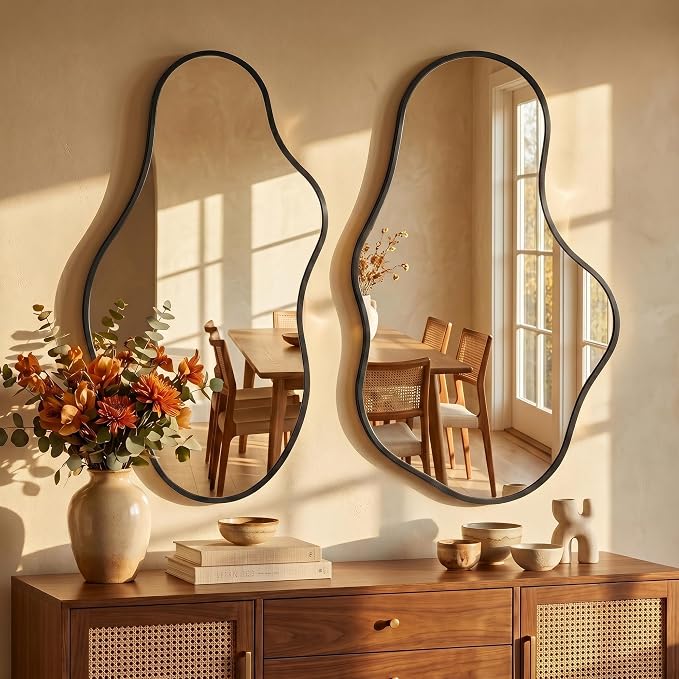 Dorlicecass Bathroom Mirrors for Over Sink - Long Wall Mirrors Decorative 20"x 36" Asymmetrical Abstract Aviation Aluminum Alloy Frame Unique for Bedroom, Living Room, Cloakroom, Entryway Black