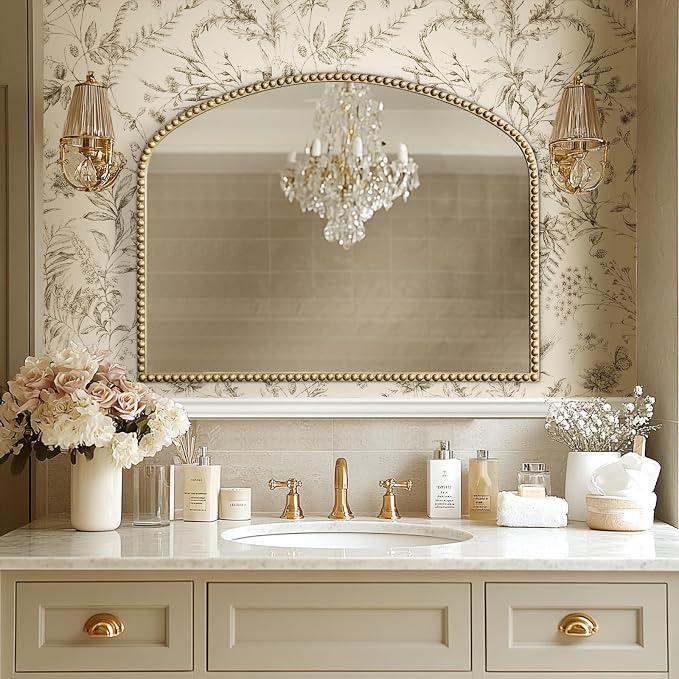 Arched Antique Gold Bathroom Mirror Baroque Metal Beaded Frame Wall Mirrors Decorative Wall Mirrors for Vanity Bedroom Entryway