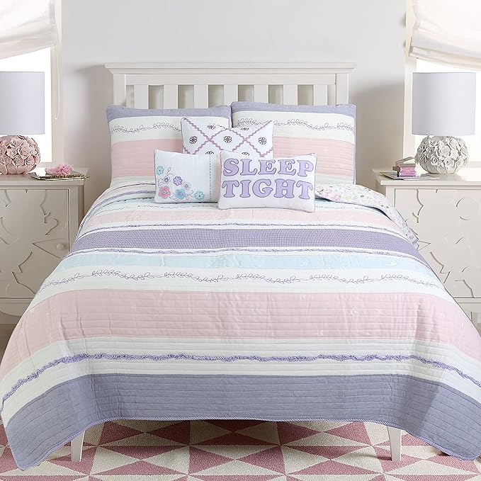 Cozy Line Home Fashions Lavender Blue Pink Ruffles Girl 100% Cotton Reversible Quilt Bedding Set, Coverlet, Bedspread (Lavender Dream, Queen - 3 Piece: 1 Quilt + 2 Shams)