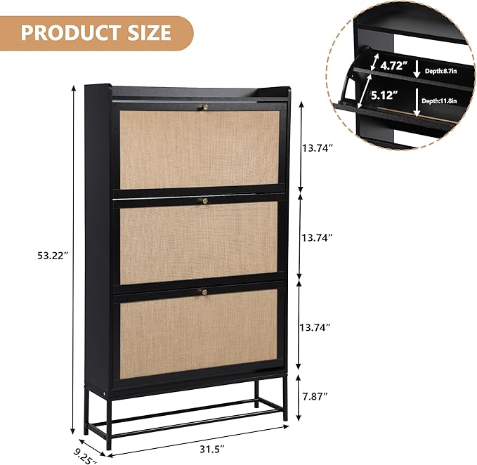 LEVNARY Shoe Storage Cabinet with 3 Flip Drawers, Freestanding Shoe Cabinet Storage Organizer for Entryway, Wooden Narrow Shoe Racks Cabinet with Metal Legs for Hallway (Black)