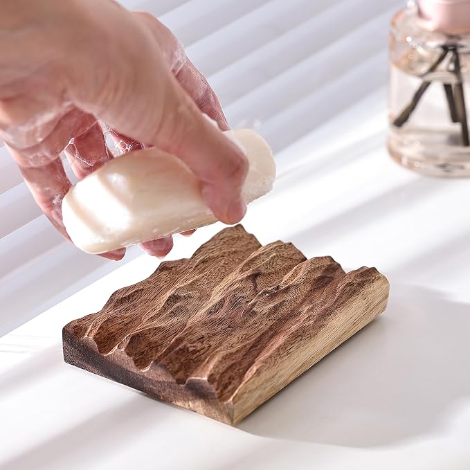 Acacia Wooden Soap Dish with Self Draining, Funny and Modern Multi Shape Design, Soap Holder for Sink Countertop, Shower & Bathroom Soap Tray。 (Wave-4.72“x3.47"x0.86")