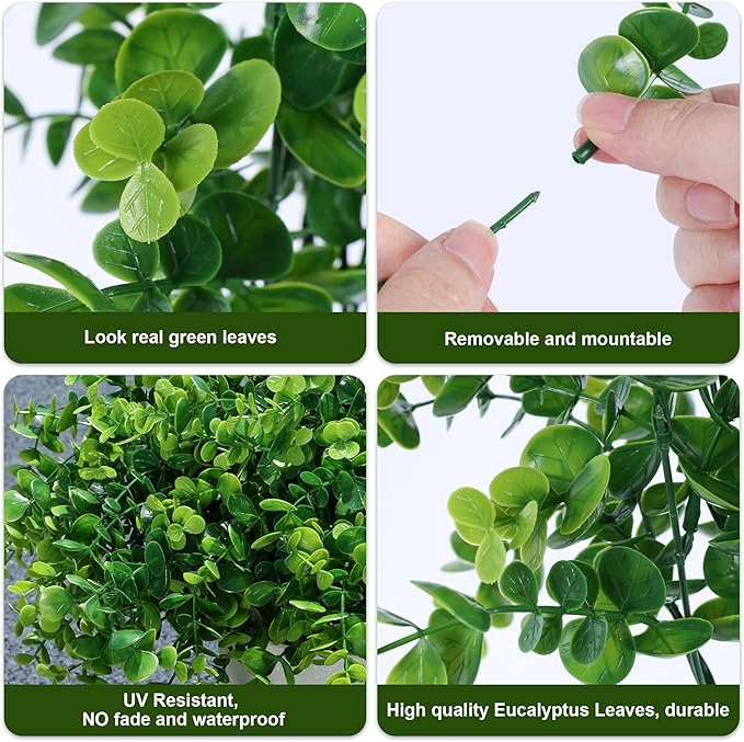 HyeFlora Artificial Plants for Outdoors Outside Spring Summer Decoration, 12 Bundles Faux Eucalyptus Leaves Stems Bulk Fake Greenery Branches Look Real UV Resistant for Home Porch Patio Planter Yard