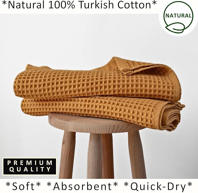 PÜSKÜL Natural 100% Turkish Cotton Waffle Bath Towels Set of 2-Piece | 32x63 Extra Large Absorbent Quick-Dry Lightweight Spa Towel | Luxury Sauna Accessories (Mustard Yellow Bath Towels - Pack of 2)