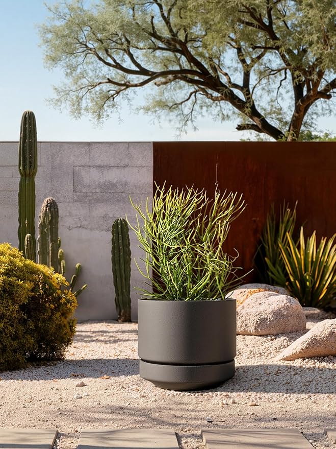 LE TAUCI 14 Inch Large Plant Pot with Saucer, Ceramic Outdoor & Indoor Big Planter with Drainage Hole, Mesh Pad & Plug Included, Unglazed Porous, Modern for Home and Patio, Charcoal Gray