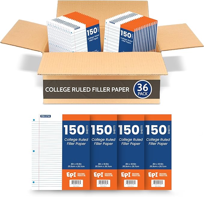 EPI Filler Paper | College Ruled | Loose Leaf, 3-Hole Punched, 10.5 x 8 in, 150 Sheets | School, Office, Notes, Binder Refill - 36 Pack