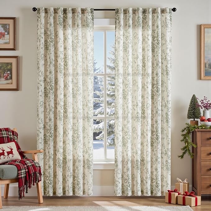 jinachan Linen Blend Floral Curtains for Living Room 90 Inch Length Christmas Sage Green Printed Curtain Rod Pocket Back Tab Farmhouse Peony Flower Patterned Drapes Bedroom Curtains Set 2 Panels