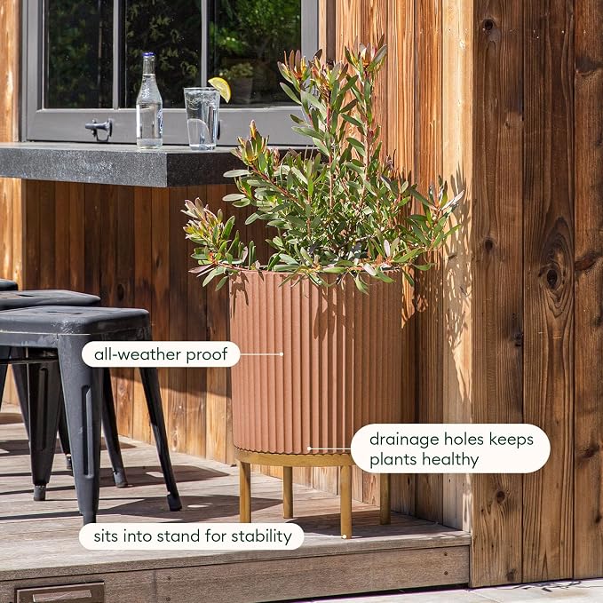 Veradek Demi Series Round Planter w/Stand for Porch/Patio | Durable Plastic-Stone Composite & Wooden Stand | Modern Décor for Tall Plants, Flowers