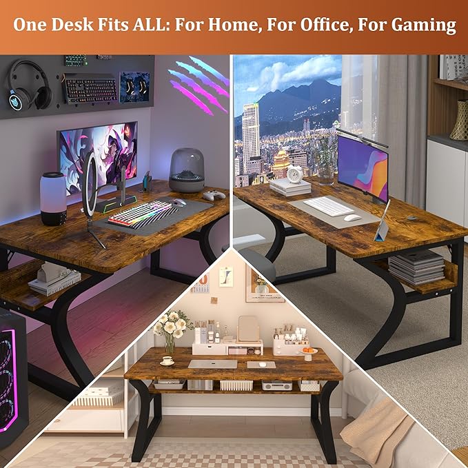 AZN Computer Desk, 55'' Computer Desk, Home Office Desks w/Storage, Home Office Desks w/U-Size Metal Frame for Home Office Bedroom, Study Writing Work Table w/Water-Resistant, Scratchproof Surface