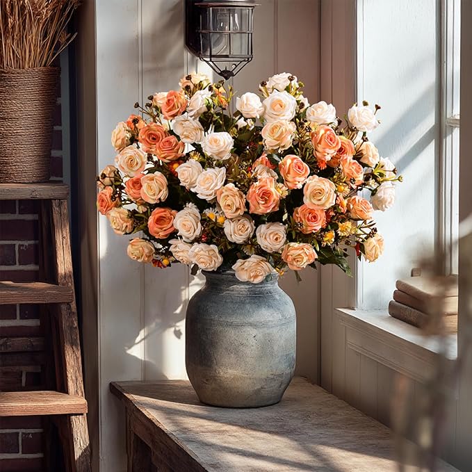 Artificial Rose Flowers for Outdoor 4 Bundles Rose Bouquet with Daisy Faux Flowers UV Resistant for Home Indoor Outside Garden Porch Window Box Balcony Yard Porch Decor (White+Orange)