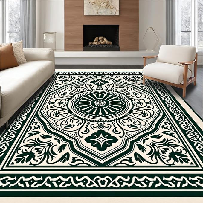 Flatwoven Area Rug 4x6 ft, Boho Medallion Ornate Symmetrical Accent, Non Slip, Stain Resistant, Washable High Traffic Area Rugs for Living Room, Bedroom Decor