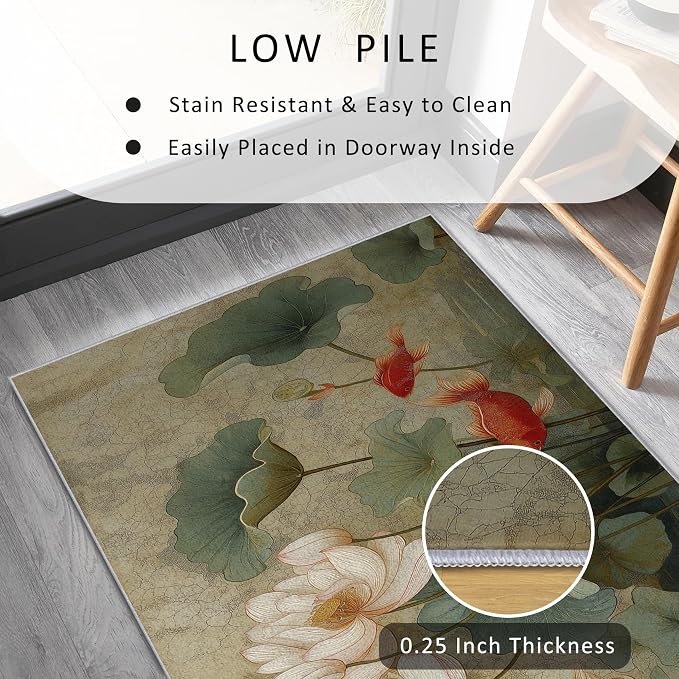 Lotus Flower Runner Rug 4x9, Koi Fish Design, Asian Art Area Rug, Washable Non-Slip Floor Carpet Runner for Bedroom, Dining Room, Living Room Aisle