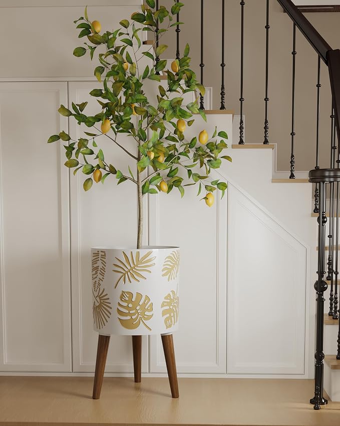 12 Inch Planter, Plant with Stand, Large Planters for Indoor Plants,Flower Pot with Drainage Holes for Outdoor,White and Gold
