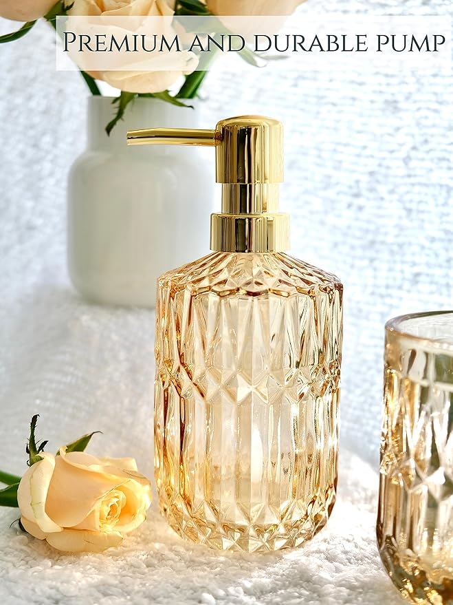 LaMarriti Clear Gold Bathroom Accessorries Set, 5Pcs Glass Bathroom Set, Soap Dispenser and Toothbrush Holder Set, Soap Dish, Tumbler, Q-Tips Holder Set for Modern Bathroom Sink, Cute Bathroom Decor