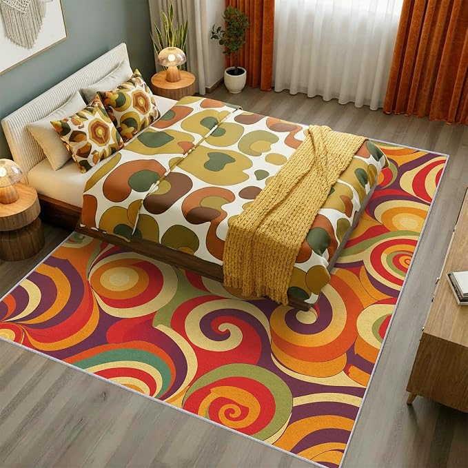 70s Retro Rug 3x5 Swirl Psychedelic Groovy Hippie Pop Pattern Area Rugs for Living Room, Bedroom, 70s Retro Home Decor Accessories Indoor Carpet, Non Slip & Machine Washable, GD0314