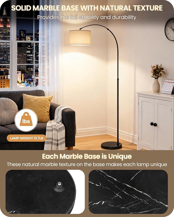75" Arc Floor Lamp with Marble Base and Adjustable Height, Rotating Hanging Shade, Dimmable Floor Lamp for Living Room with Remote and Foot Switch, 3CCT, Over Couch Arched Light, White Shade W15LD05