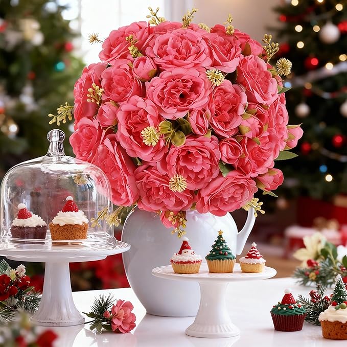 8 Packs Artificial Peonies Silk Flowers: Faux Peony Bouquet 8 Bundles, Fake Peonies Flowers Bulk for Centerpiece Table Wedding Party Home Decor for Christmas Decoration (Rose Red)