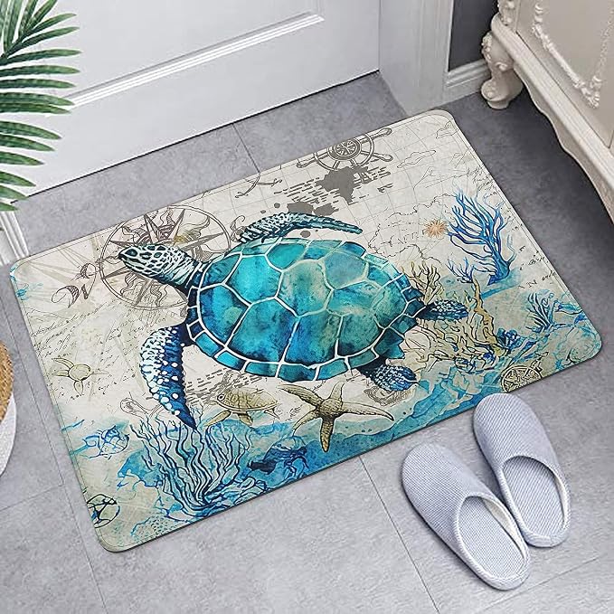 Britimes Bath Mat for Bathroom, Blue Turtle Washable Cover Floor Rug Carpets Floor Mat Bathroom Decorations 16x24 Inches for Kitchen Bedroom Indoor