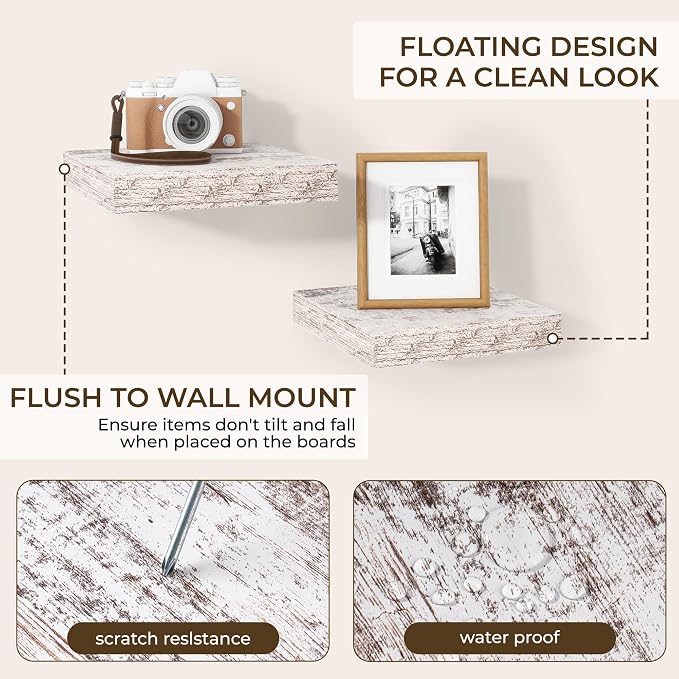 RICHFOCUS 8 Inch Floating Shelves for Wall Small Square Shelves Set for Plant|Bedroom|Kitchen|Bathroom Rustic Wood Wall Mounted Shelf with Invisible Brackets for Books|Storage|Decor, Rustic White