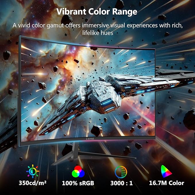 Z-Edge 27 inch Curved Gaming Monitor, FHD 1080P 200Hz 165Hz 144Hz Curved 1500R PC Monitor, MPRT 1ms Monitor, 350nits, 16.7M Colors, UG27 Frameless Bezel, 1X DP 1.4 Ports and 1X HDMI 2.0 Ports