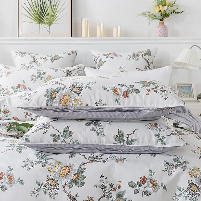 FADFAY Duvet Cover Set Elegant Floral Bedding Shabby Beige Bird Flower Quilt Cover Set Vintage Farmhouse Bedding 100% Cotton Comforter Cover Set with Zipper Closure 3Pcs, King/California King Size