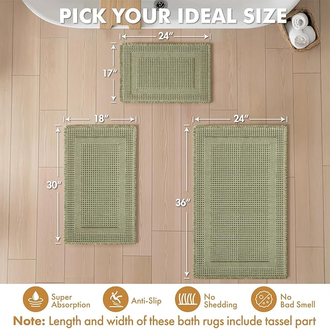 MIULEE Set of 2 Waffle Bathroom Rugs, Boho Bath Rug Super Absorbent, Non Slip Washable Ultra Soft Rubber Backed Shower Bath Mats for Floor, Tub, Shower, Looped Design, Sage Green, 17"x24"+18"x30"