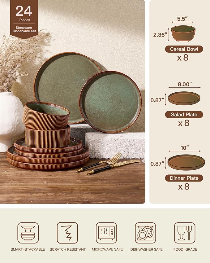 24-Piece Dinnerware Set Service for 8, Famiware Premium Stoneware Dish Set with Ribbed Plates and Deep Bowls, Double Reactive Glaze, Chip & Scratch Resistant, Microwave & Dishwasher Safe, Moss Cocoa