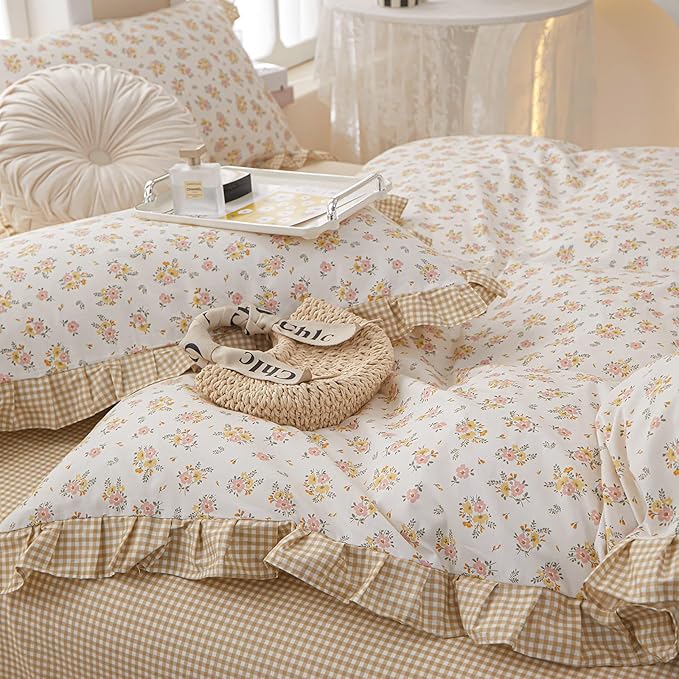 Girls Ruffle Duvet Cover Twin Chic Floral Lace Duvet Cover 100% Cotton Flower Bedding Set Romantic Ruffle Comforter Cover Girls Princess Bedding Set Vintage Floral Botanical Comforter Cover Twin