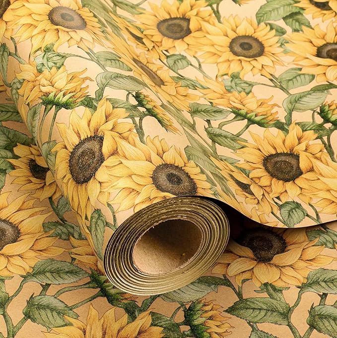 MAYPLUSS Kraft Sunflowers Gift Wrapping Paper - Vintage Elegant Sunflowers Floral Gift Wrap Paper for Women Birthday, Christmas, Baby Shower, Mothers Day, Thanksgiving, Holiday - 17 Inches X 16.5 Feet