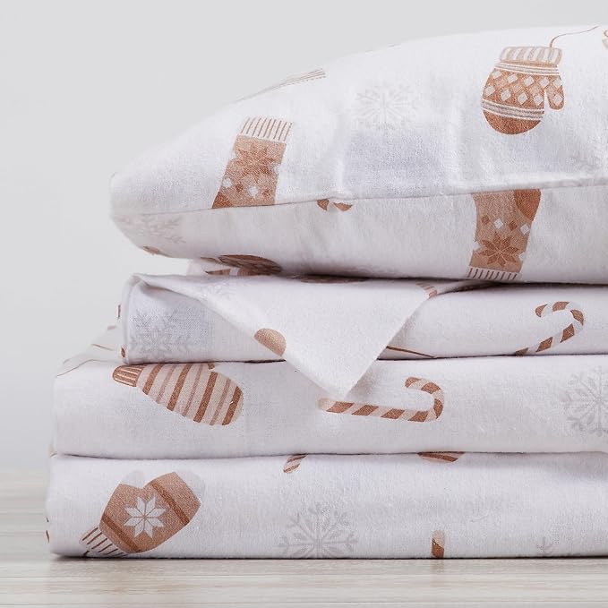 Market & Place 100% Cotton King Flannel Sheet Set | 4 Piece Deep Pocket Novelty Cozy Winter Bed Sheets | Double Brushed for Extra Softness & Comfort | Alpine Collection (King, Winter Mittens)