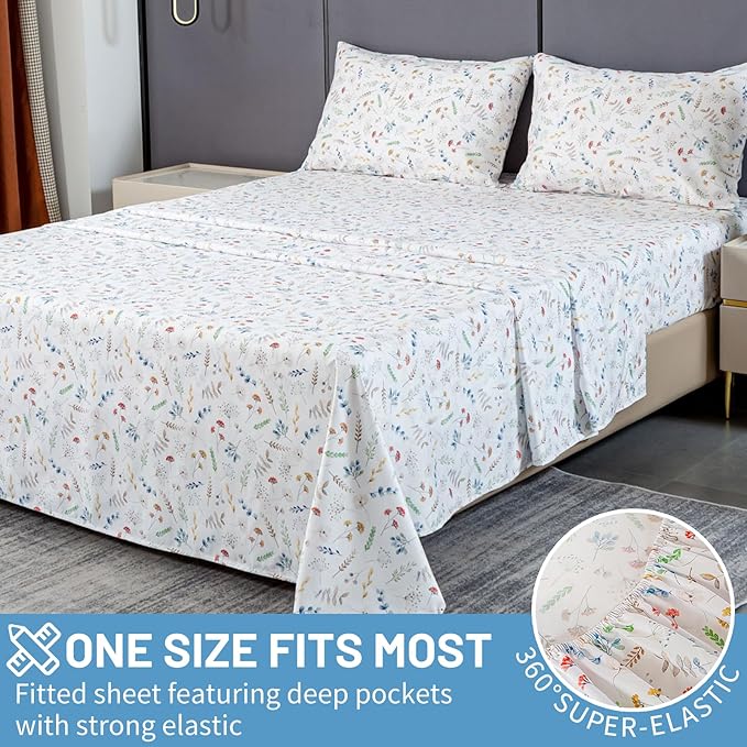 Bedlifes Queen Size Extra Deep Pocket Sheet Sets - Fits Mattresses Up to 18-24" Thick, 4-Piece Microfiber Set with 1800 Thread Count, Soft, Smooth, Breathable, Featuring White Floral