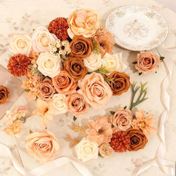 SwanMoon Artificial Flowers Combo Box Set, 30pcs Silk Champagne Roses & Peony with Stems for DIY Wedding Bouquets, Baby Shower, Party Centerpieces & Home Decor