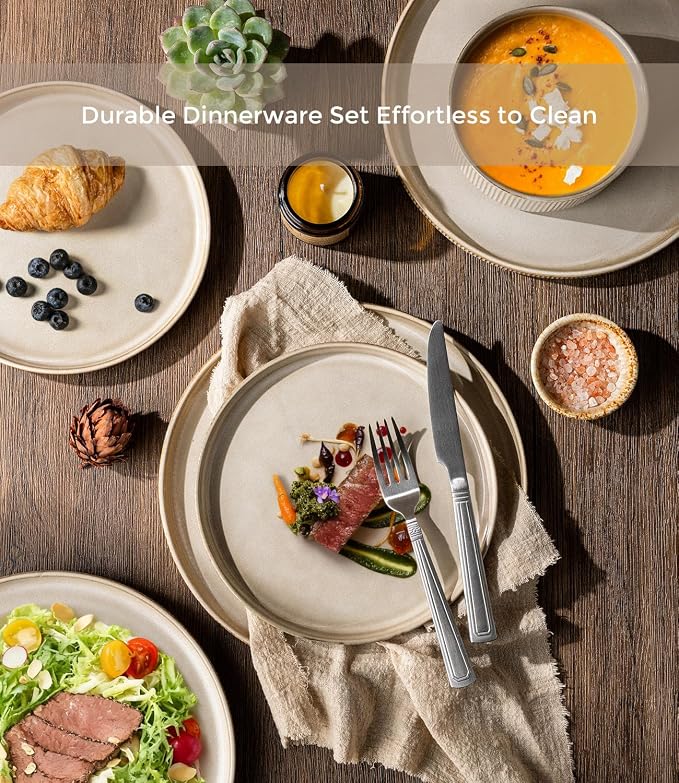 GBHOME 12-Piece Stoneware Dinnerware Set for 4 – Ribbed Ceramic Plates and Bowls, Scratch-Resistant, Microwave & Dishwasher Safe, Reactive Glaze, Cappuccino