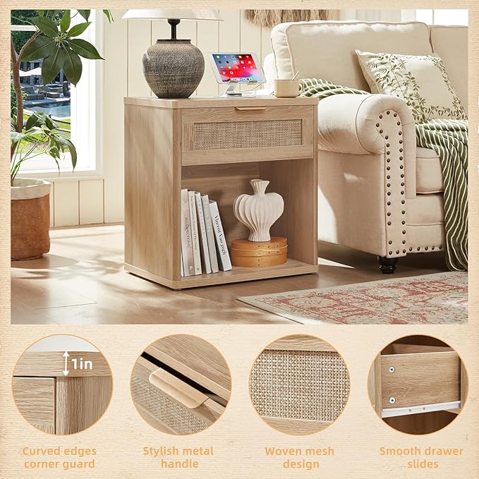 LEYAOYAO Rattan Nightstand with Charging Station, Natural Wood Night Stand with Drawer, 23" Wide Boho Bedside Table with Storage Shelf, Bed Side End Tables for Bedroom, Living Room, Hallway