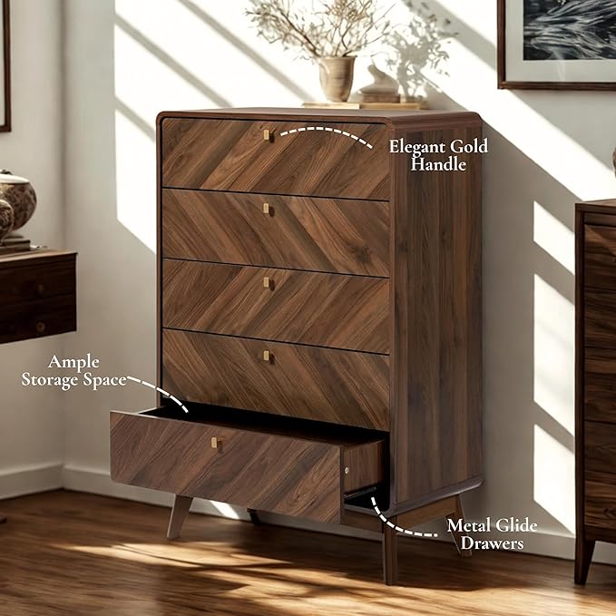 LuxenHome 5 Drawer Dresser for Bedroom, Mid Century Modern 48" Tall Wooden Bedroom Dressers, Walnut Brown MDF Wood Bedroom Dressers with Drawers, Chest of Drawers for Clothes Organizer Furniture