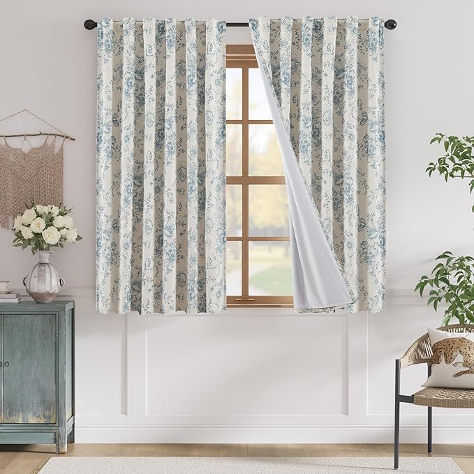 jinchan Blackout Linen Blend Curtain Floral Blackout Curtains for Living Room 63 Inch Length Blue Printed with Lined Blackout Curtain for Bedroom Farmhouse Curtains Set 2 Panels