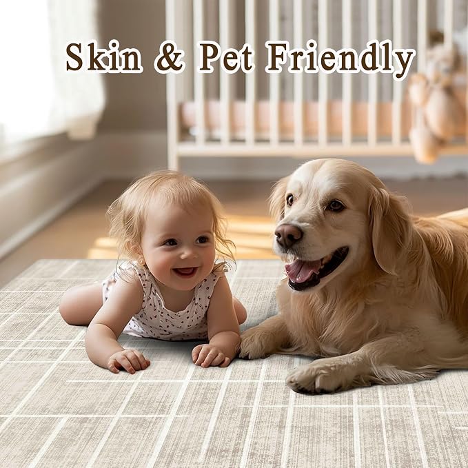 5x7 Area Rugs - Ultra-Thin Washable Rug with Non-Slip Backing, Ideal for Living Room, Bedroom, Kitchen Floor Carpet - Modern Neutral Style, Easy Clean, Durable, Low Pile Rug, Ivory Stripe