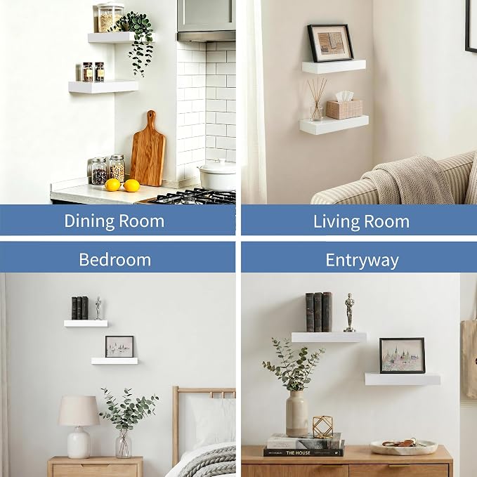 Floating Shelves for Wall 12 inch White Shelves Bathroom, Bedroom and Living Room, Wall Shelves & Book Shelf, Hanging Shelf, Modern Wooden Wall-Mounted Floating Shelf, Set of 2