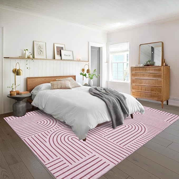 Washable 8x10 Pink Area Rug Modern Abstract Carpet Non Shedding Living Room Area Rug Soft Bedroom Rugs Stain Resistant Boho Rainbow Large Carpet for Girl Room Nursery Dining Room, Pink