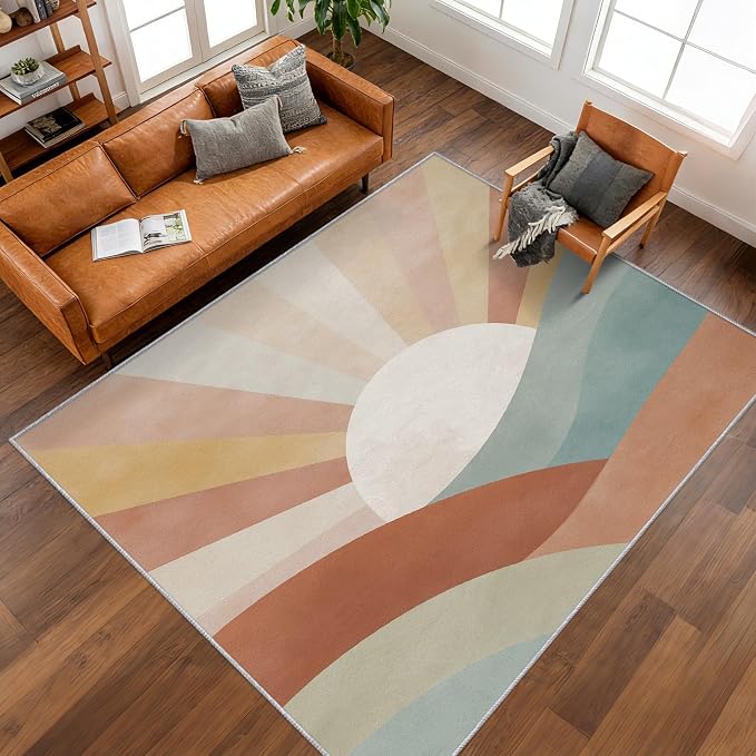 5x8 Boho Sun Rugs for Bedroom Decor, Washable Retro Sunrise Pattern Area Rug, Living Room Home Decoration, Non Slip Soft Thin, Mid Century Modern Decor Carpet PF-P 117