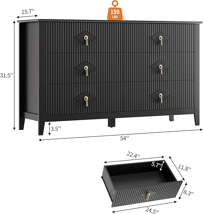 GarveeHome Fluted Dresser for Bedroom, 54 Inch Wide 6-Drawer Wood Dresser, Modern Chest of Drawers, Storage Organizer Cabinet for Living Room, Hallway, Entryway, Black