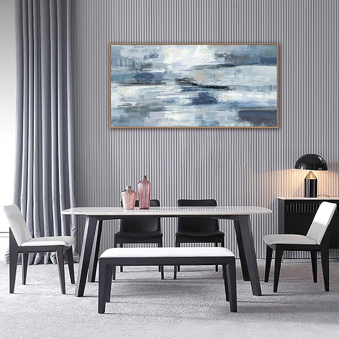Abstract Framed Canvas Wall Art Vintage Blue White Grey Pictures Ocean Wall Decor Modern Artwork Painting Prints for Living Room Bedroom Bathroom Office Home Decoration Ready to Hang 24" X 48"