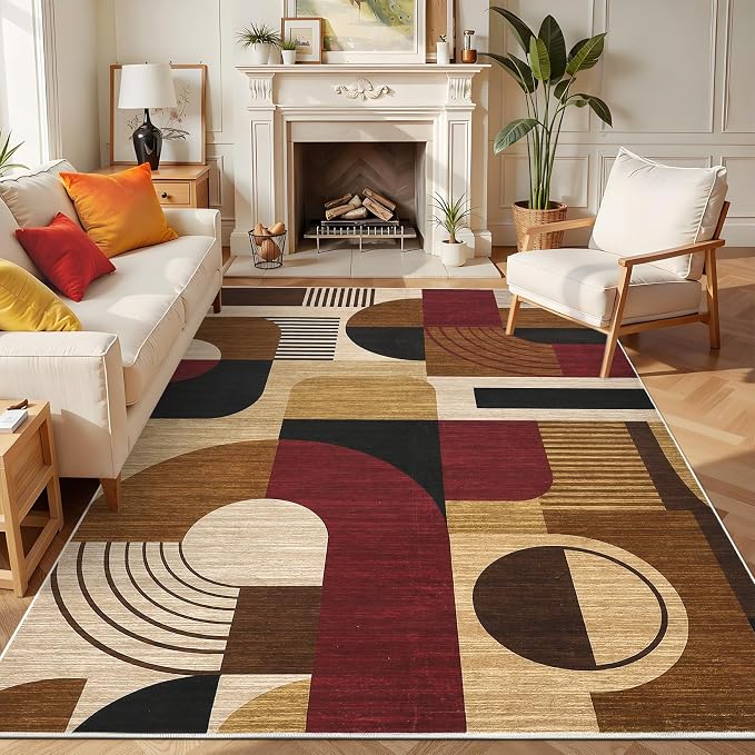 Area Rugs for Living Room, Boho Geometric Washable Rug for Bedroom Entryway Soft Low Pile Non-Slip Indoor Rugs for Dining Room Dorm Playroom, Burgundy/Brown Multi, 5'x7'